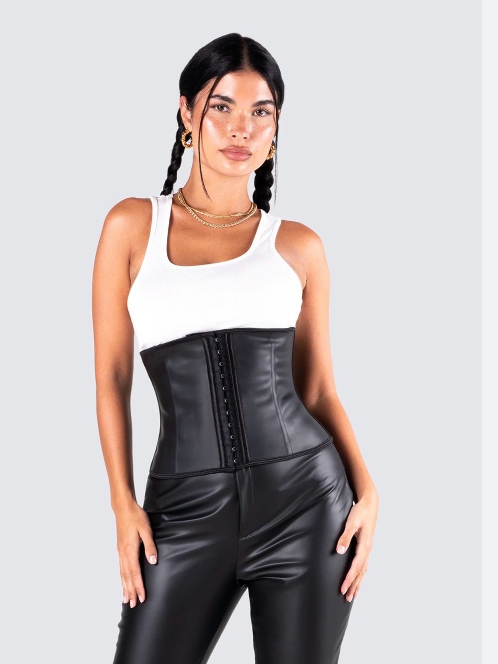 Faux Leather Black Waist Cincher Corset Top